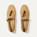 The Max Buckle Mary Jane in Tan Woven shown from the top.