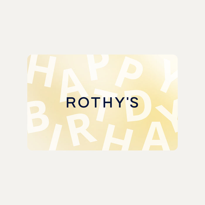 A virtual gift card with gold a white gradient background, Happy Birthday written on it, and a navy blue Rothy's logo on top.