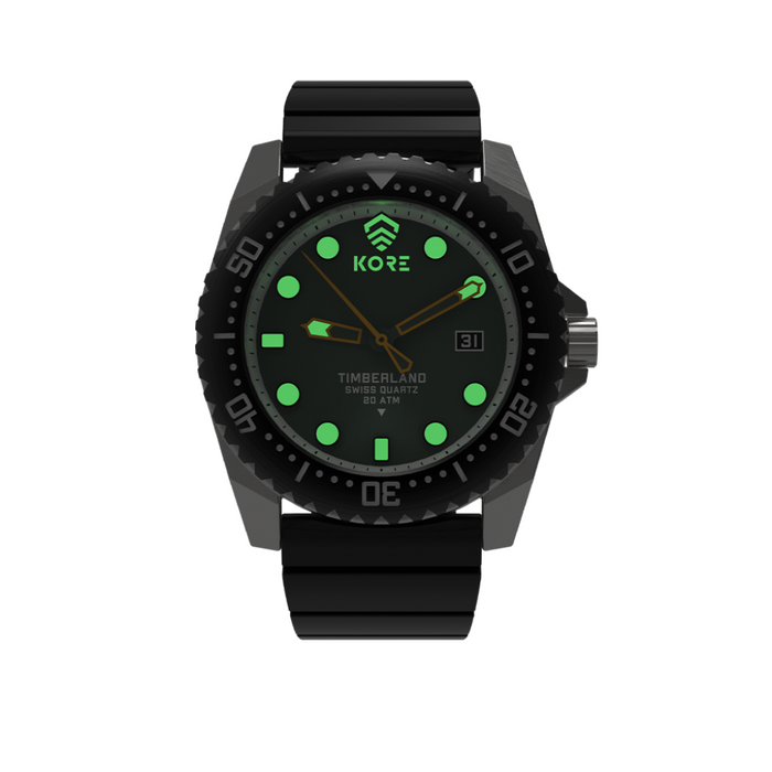Front Facing View of Kore Essentials Timberland Tactical Field Watch Showcasing Photoluminescence Feature