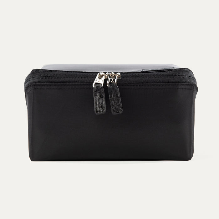 Front view of the MaxAccess Cubes™ Deluxe Hanging Toiletry Organizer in black featuring dual silver zipper