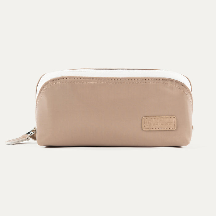 Front view of the MaxAccess Cubes™ Large Organizer in khaki with a white zipper and embossed Travelpro logo patch.