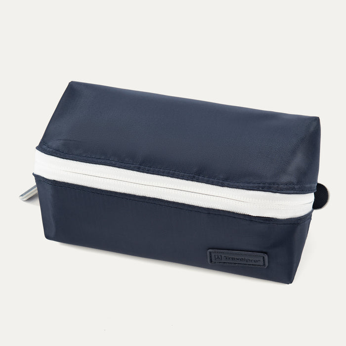 Front angled view of the Travelpro MaxAccess Cubes™ Large Organizer in navy with a contrasting white zipper and stitched Travelpro logo patch