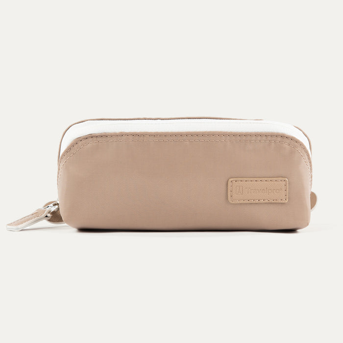 Front view of the Travelpro MaxAccess Cubes™ Small Organizer in khaki with a white zipper and subtle Travelpro logo patch