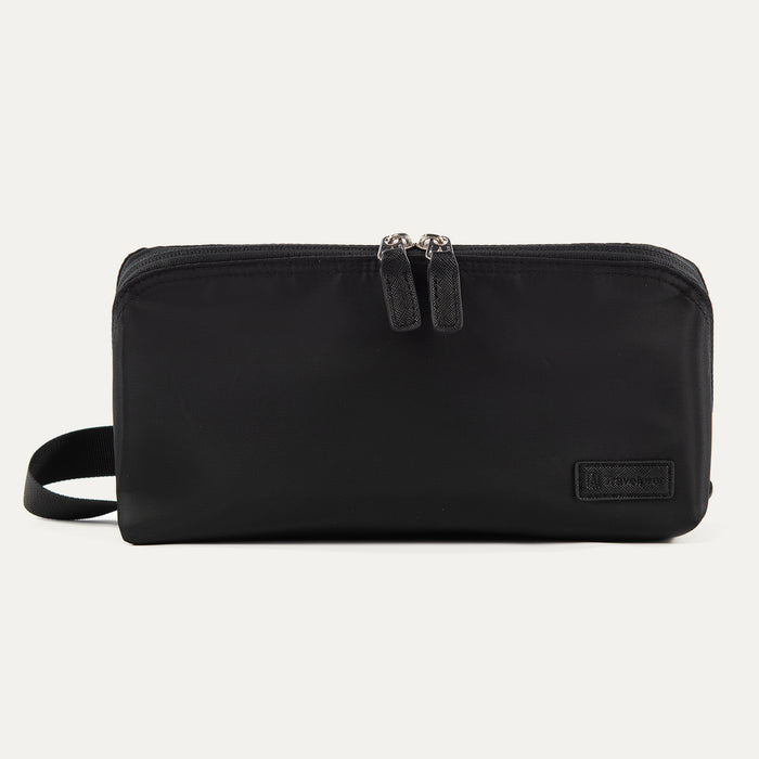 Front view of the Travelpro® MaxAccess Cubes™ Toiletry Organizer in black with dual zippers and a side carry loop.