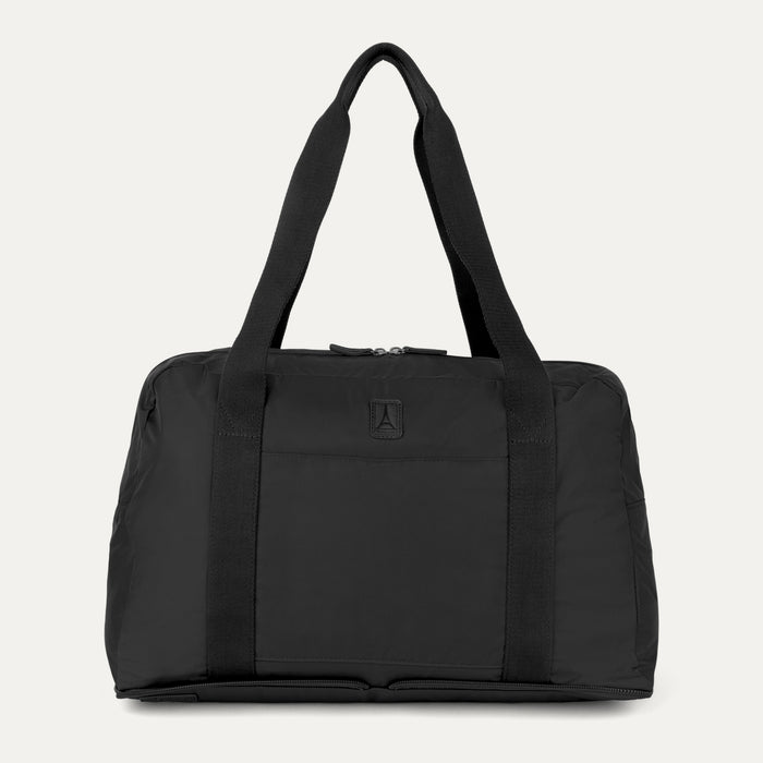 Front view of the Travelpro Essentials SparePack Foldable Duffel 2.0 in Black, showcasing the lightweight, abrasion-resistant fabric, durable top carry handles, and the QuickSlip front pocket for convenient on-the-go storage.