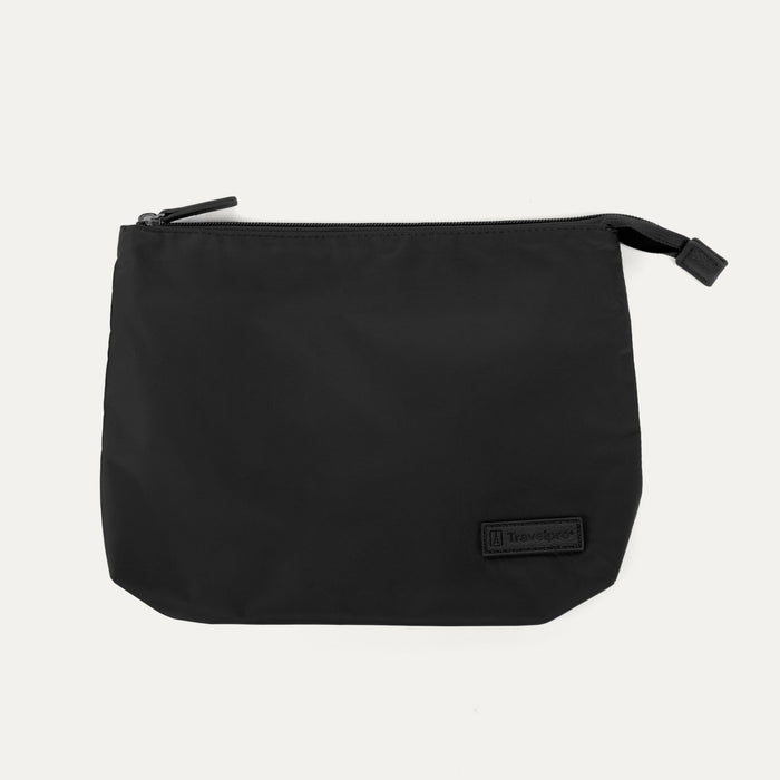 Folded view of the Travelpro Essentials SparePack Foldable Tote 2.0 in Black, showing the bag packed down into its own compact, zippered storage pouch for easy transport when not in use.