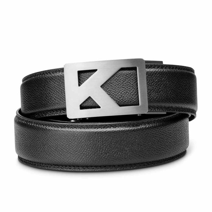 kore essentials black pebble grain leather ratcheting fashion belt 1.37" with a Tribute buckle