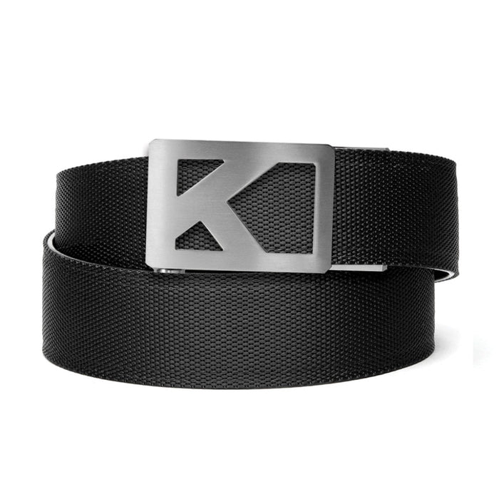 kore essentials classic fashion ratcheting black nylon belt with a tribute buckle