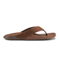 Brown leather thong sandal with textured upper strap and contoured sole in bisque color.