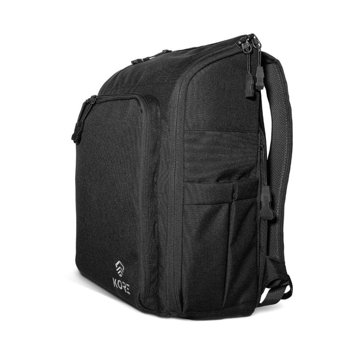 Kore Urban CC Backpack. Features a concealed carry firearm suspension system, 3A armor (optional) and go dark pouch. Constructed using 1000D Ballistic Nylon.  side angle