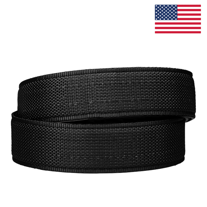Kore Essentials USA Made Black tactical gun belt strap on a white background