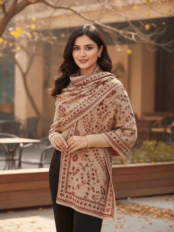 Winter Wear - Soft Knitted Warm Beige Acrylic Shawl For Women.