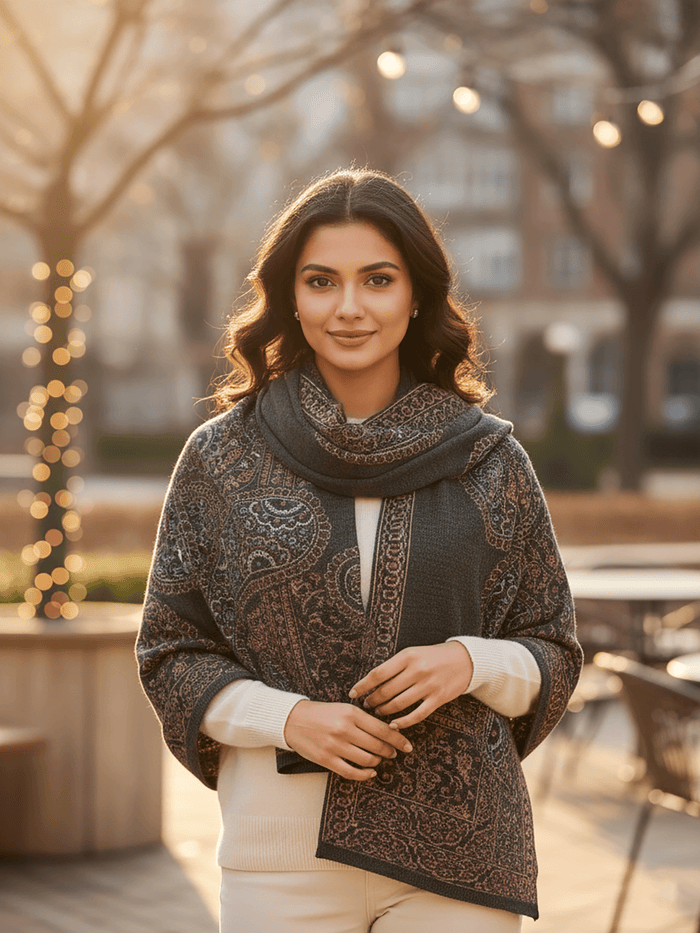 Winter Wear - Soft Knitted Warm Dark Grey Acrylic Shawl For Women.