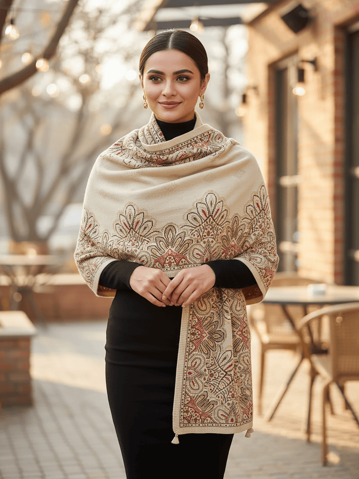 Winter Wear - Soft Knitted Warm Light Acrylic Beige Women Shawl.