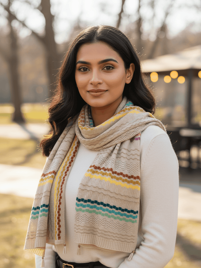 Winter Wear - Soft Knitted Warm Light Beige Acrylic Woven Design Shawl.