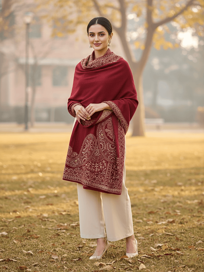Winter Wear - Soft Knitted Warm Maroon Acrylic Woven Design Shawl.