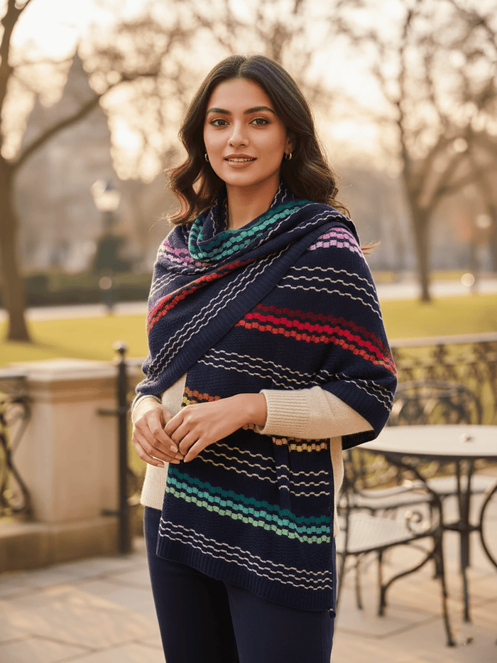 Winter Wear - Soft Knitted Warm Navy Blue Acrylic Shawl For Women.