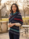 Winter Wear - Soft Knitted Warm Navy Blue Acrylic Shawl For Women.