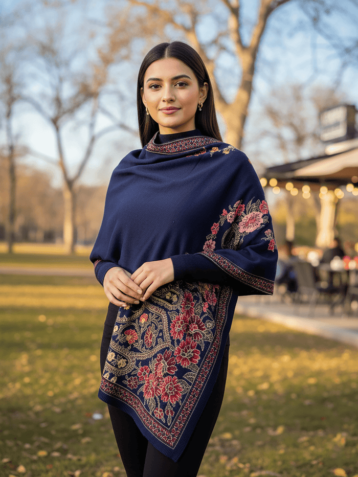 Winter Wear - Soft Knitted Warm Navy Blue Acrylic Women Shawl.