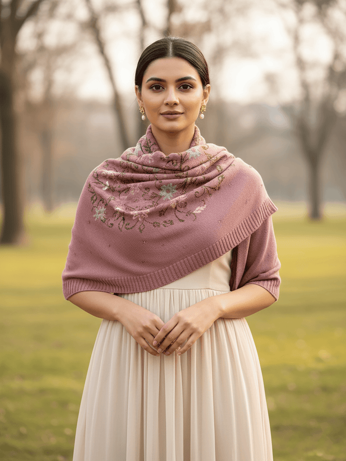 Winter Wear - Soft Knitted Warm Pink Acrylic Woven Design Shawl.