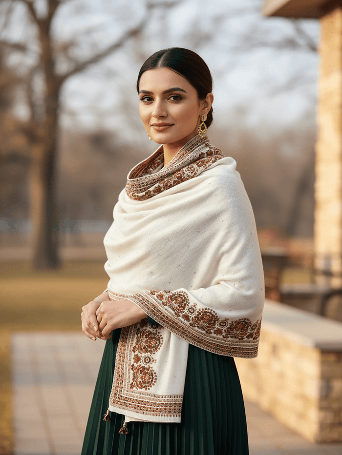 Winter Wear - Soft Knitted Warm White Acrylic Woven Design Shawl.