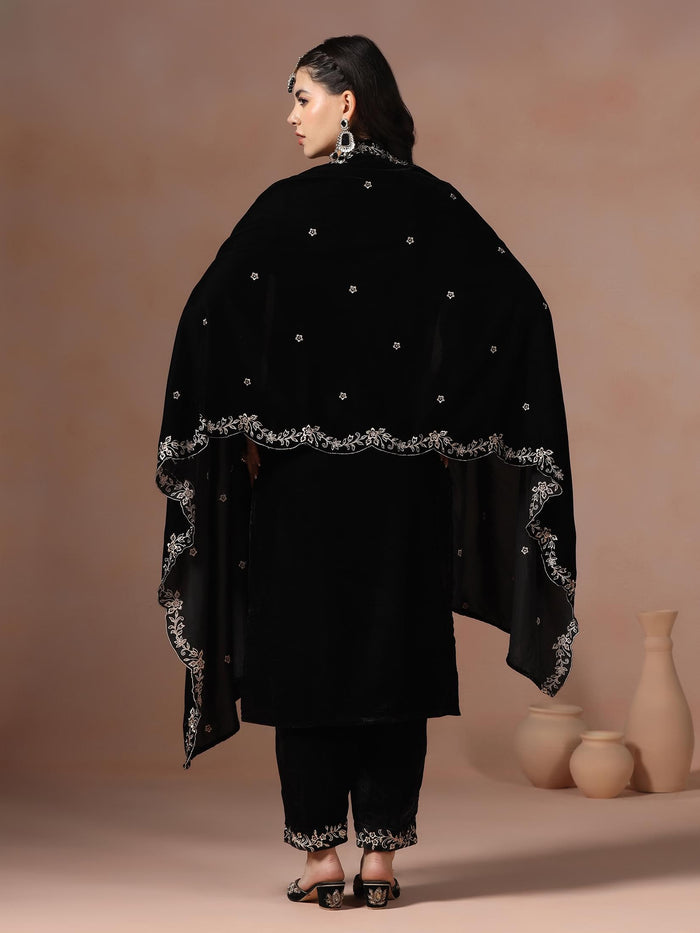 Winter Wear Velvet Black Embroidered Kurta Comfort Pant Dupatta.