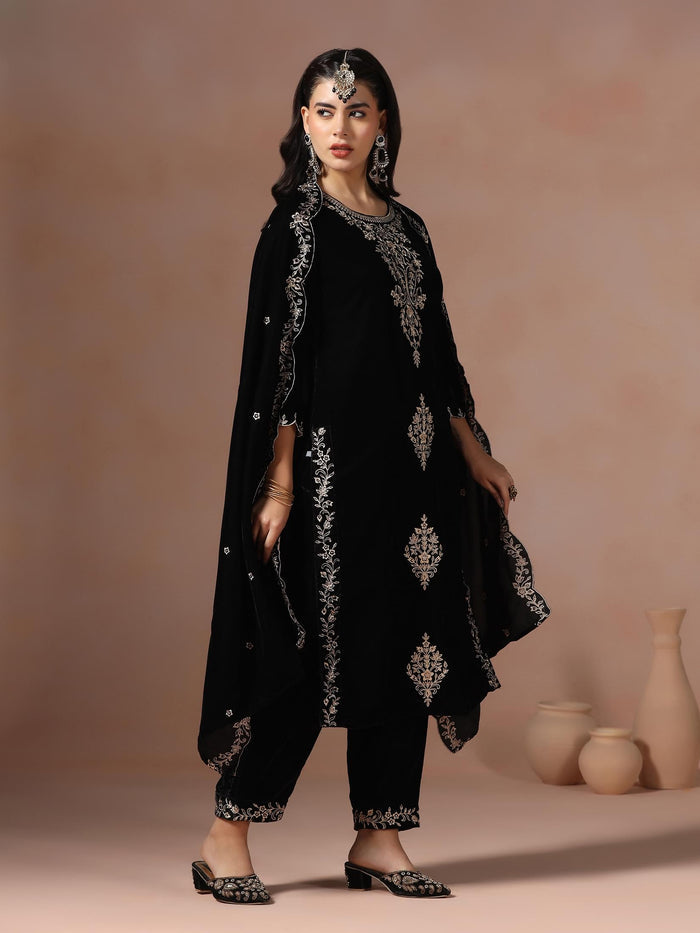 Winter Wear Velvet Black Embroidered Kurta Comfort Pant Dupatta.