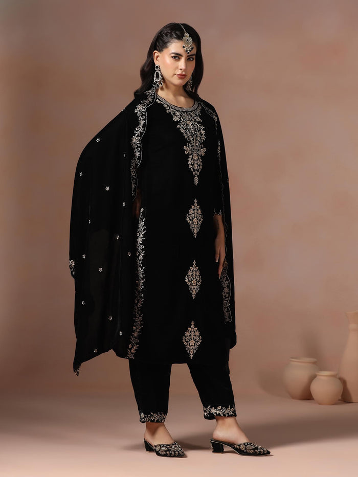 Winter Wear Velvet Black Embroidered Kurta Comfort Pant Dupatta.