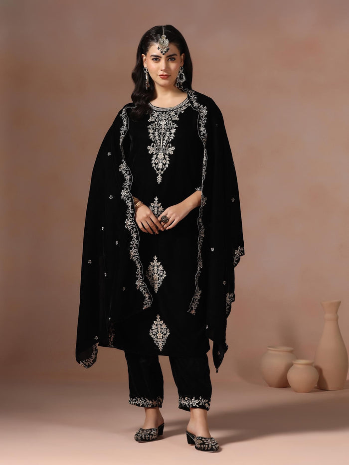 Winter Wear Velvet Black Embroidered Kurta Comfort Pant Dupatta.