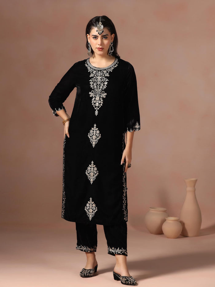 Winter Wear Velvet Black Embroidered Kurta Comfort Pant Dupatta.