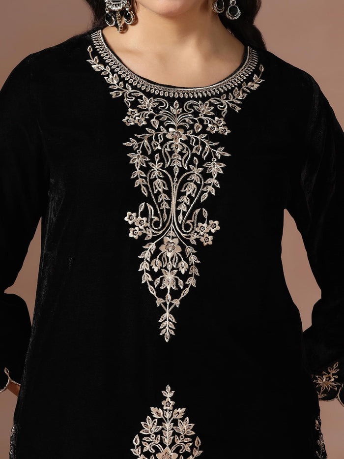 Winter Wear Velvet Black Embroidered Kurta Comfort Pant Dupatta.