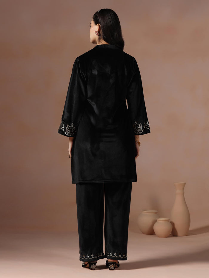 Winter Wear Women Velvet Black Embroidered Co-Ord Set.