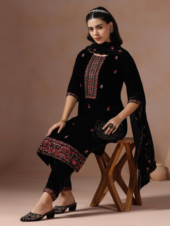 Winter Wear Women Velvet Black Embroidered Kurta Comfort Pant Dupatta.