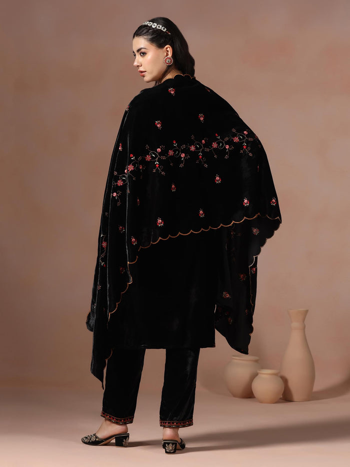 Winter Wear Women Velvet Black Embroidered Kurta Comfort Pant Dupatta.