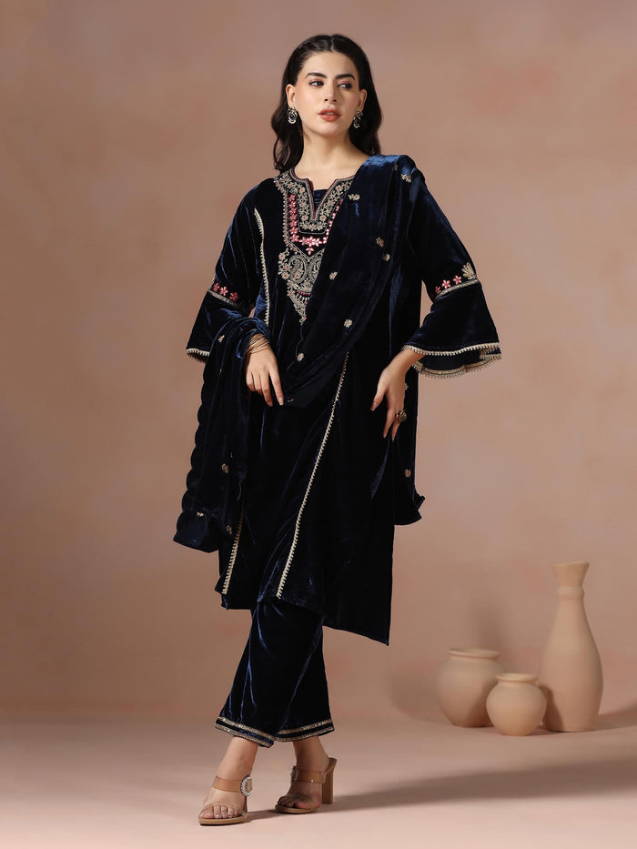 Winter Wear Women Velvet Blue Embroidered Kurta Comfort Pant Dupatta.