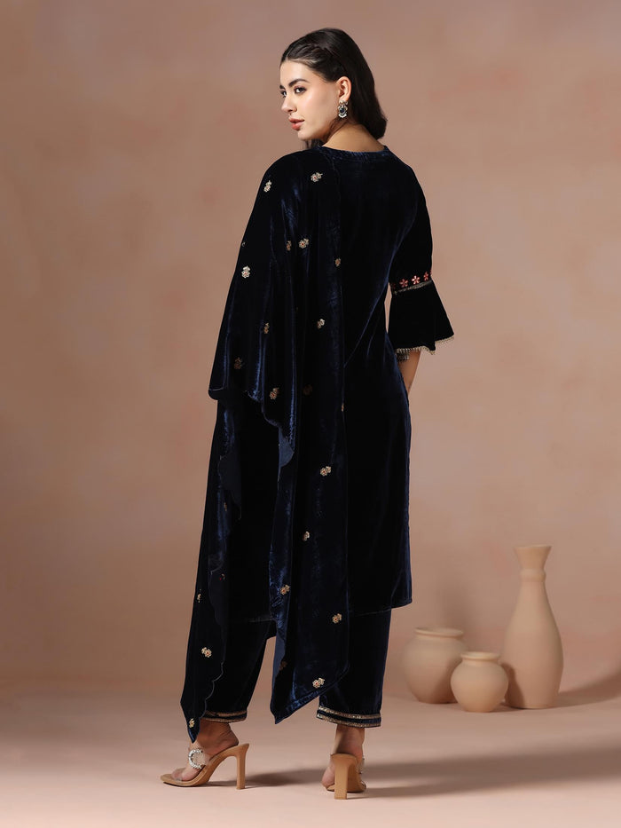 Winter Wear Women Velvet Blue Embroidered Kurta Comfort Pant Dupatta.