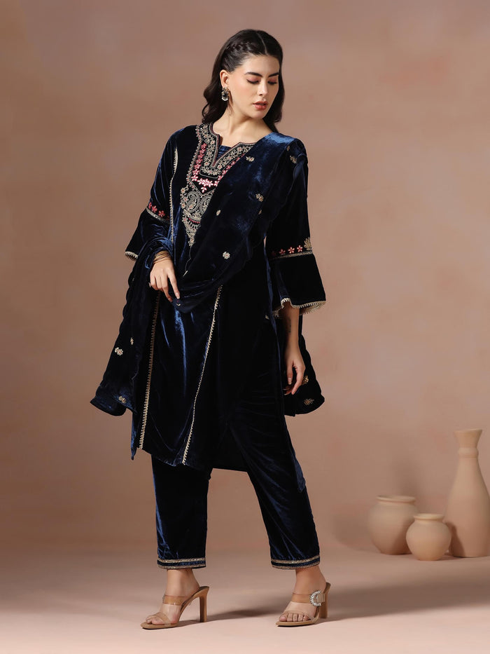 Winter Wear Women Velvet Blue Embroidered Kurta Comfort Pant Dupatta.