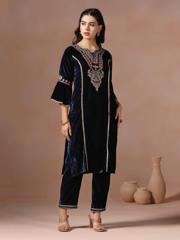 Winter Wear Women Velvet Blue Embroidered Kurta Comfort Pant Dupatta.