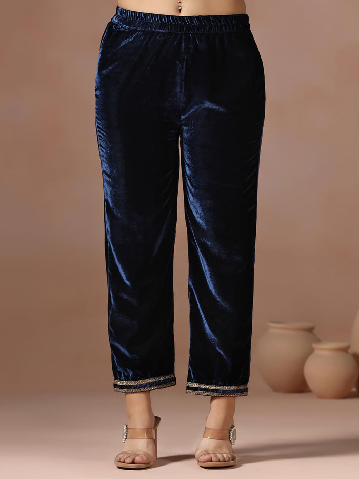 Winter Wear Women Velvet Blue Embroidered Kurta Comfort Pant Dupatta.