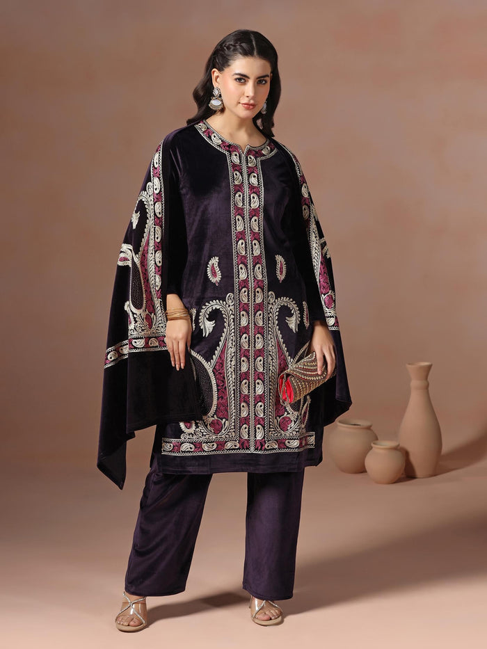 Winter Wear Women Velvet Purple Embroidered Kurta Comfort Pant Dupatta.
