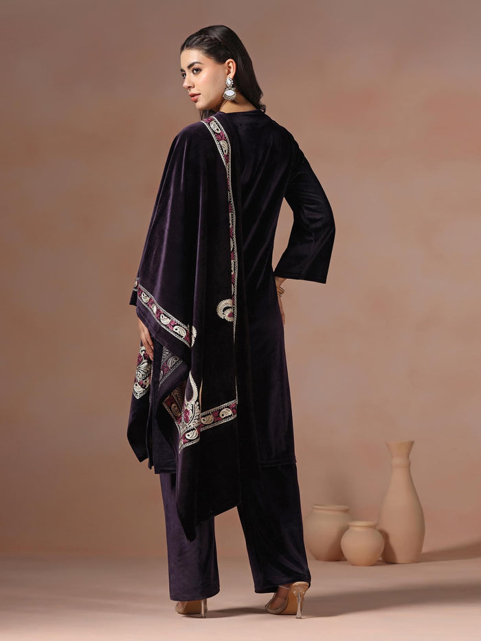 Winter Wear Women Velvet Purple Embroidered Kurta Comfort Pant Dupatta.