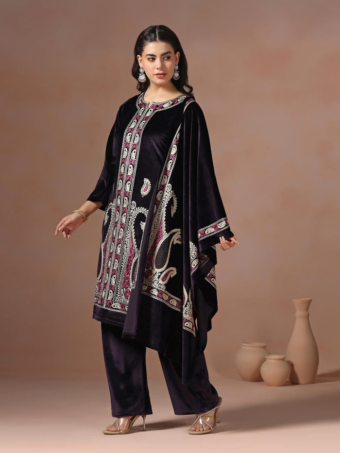 Winter Wear Women Velvet Purple Embroidered Kurta Comfort Pant Dupatta.