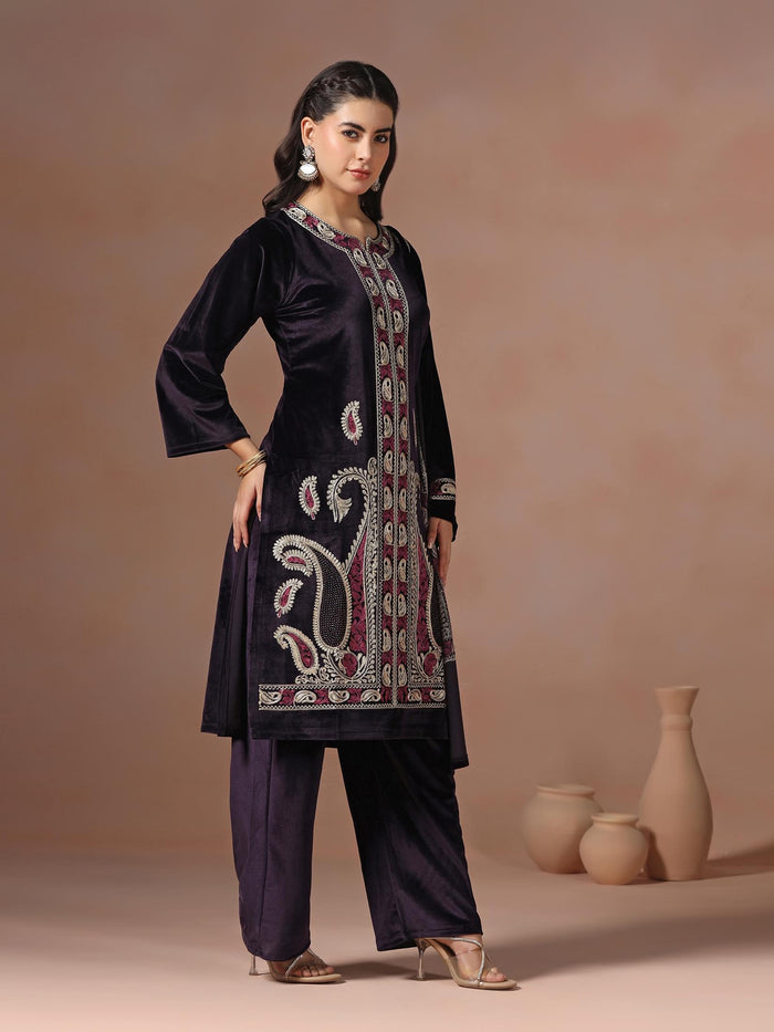 Winter Wear Women Velvet Purple Embroidered Kurta Comfort Pant Dupatta.