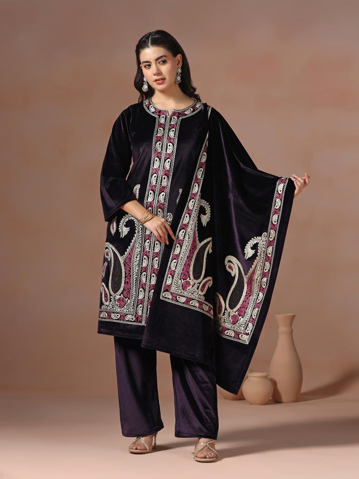 Winter Wear Women Velvet Purple Embroidered Kurta Comfort Pant Dupatta.