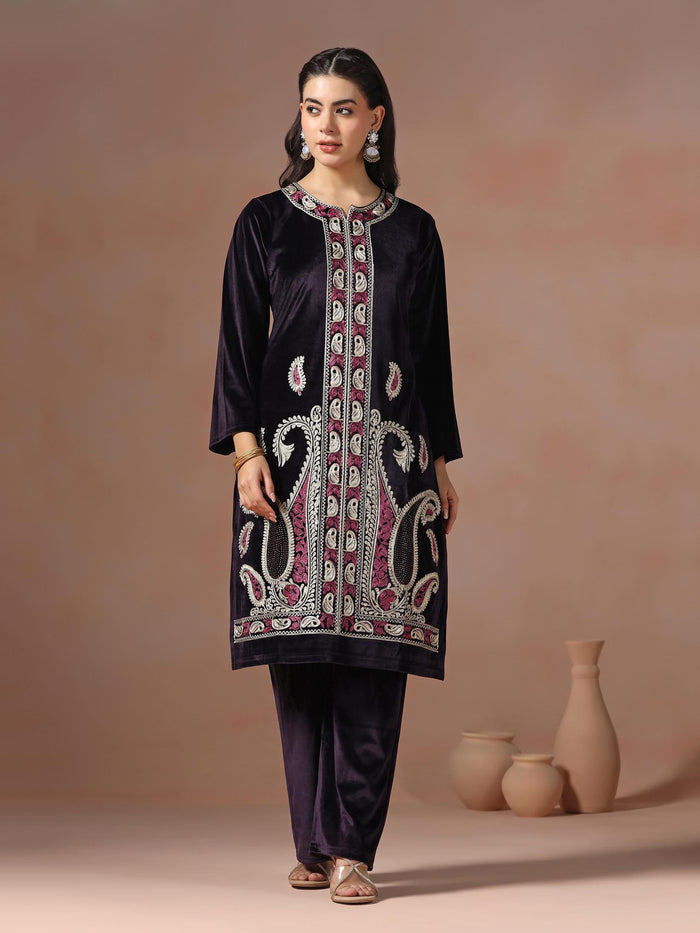Winter Wear Women Velvet Purple Embroidered Kurta Comfort Pant Dupatta.