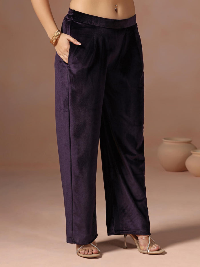 Winter Wear Women Velvet Purple Embroidered Kurta Comfort Pant Dupatta.