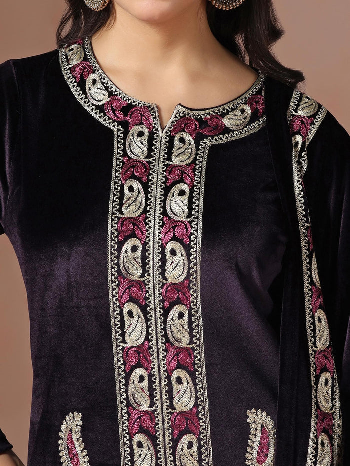 Winter Wear Women Velvet Purple Embroidered Kurta Comfort Pant Dupatta.