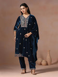 Winter Wear Women Velvet Teal Embroidered Kurta Comfort Pant Dupatta.