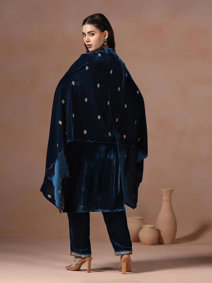 Winter Wear Women Velvet Teal Embroidered Kurta Comfort Pant Dupatta.