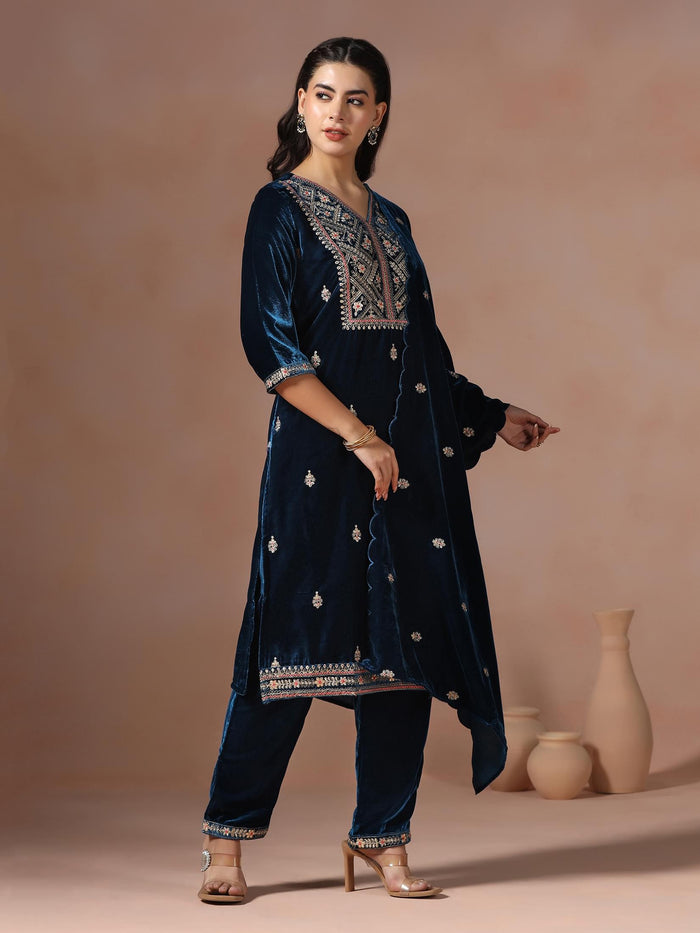 Winter Wear Women Velvet Teal Embroidered Kurta Comfort Pant Dupatta.
